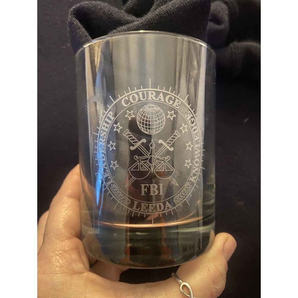 FBI Lowball Whiskey Glasses Logo Etched‎ Emblem Tumbler Set Of 4 Drink ware